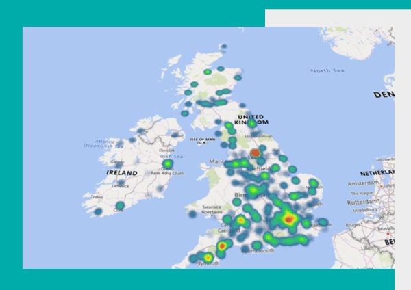 Heat map of the UK and Ireland showing where hotel room prices are decreasing